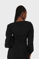 Black plunging neck wrap waist midi dress_5