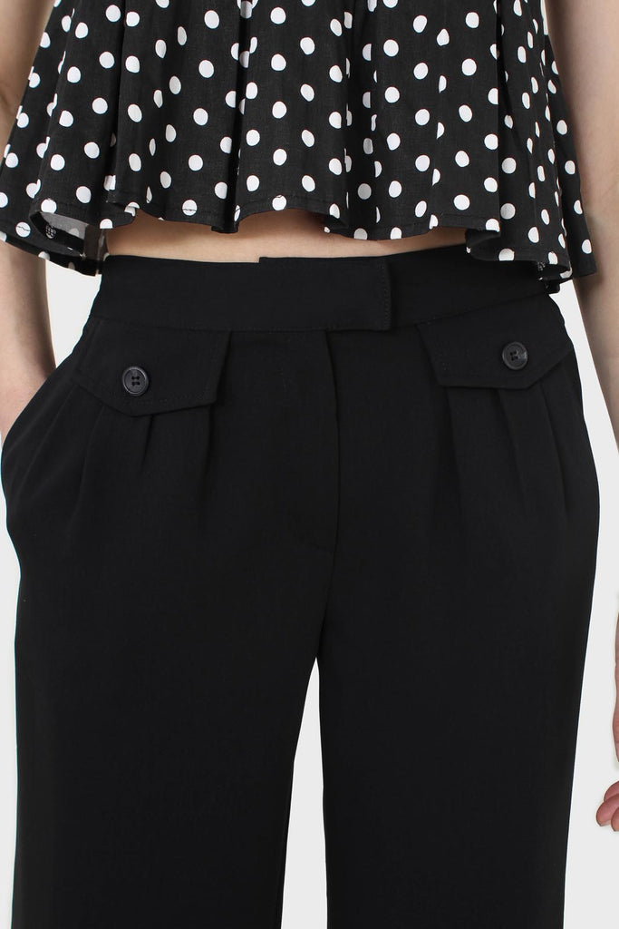 Black flap pocket wide leg smart trousers_3