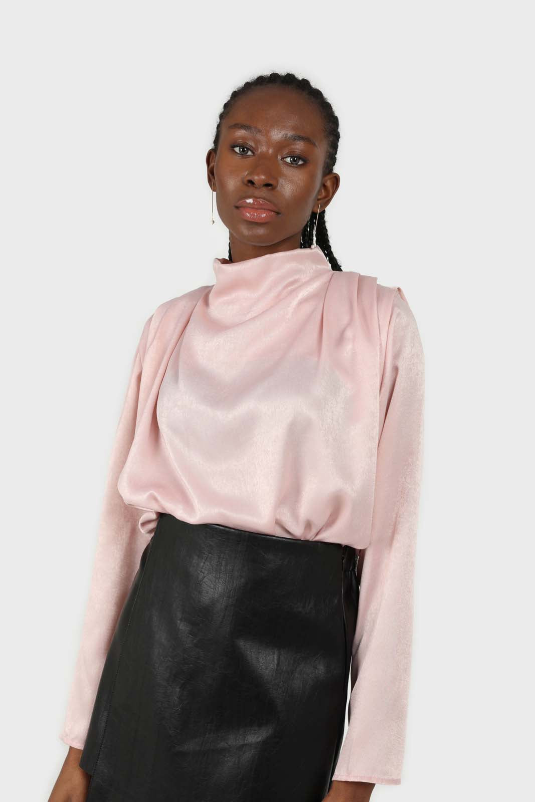 Pink wide shoulder drape detail high neck blouse_3