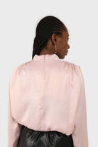 Pink wide shoulder drape detail high neck blouse_2