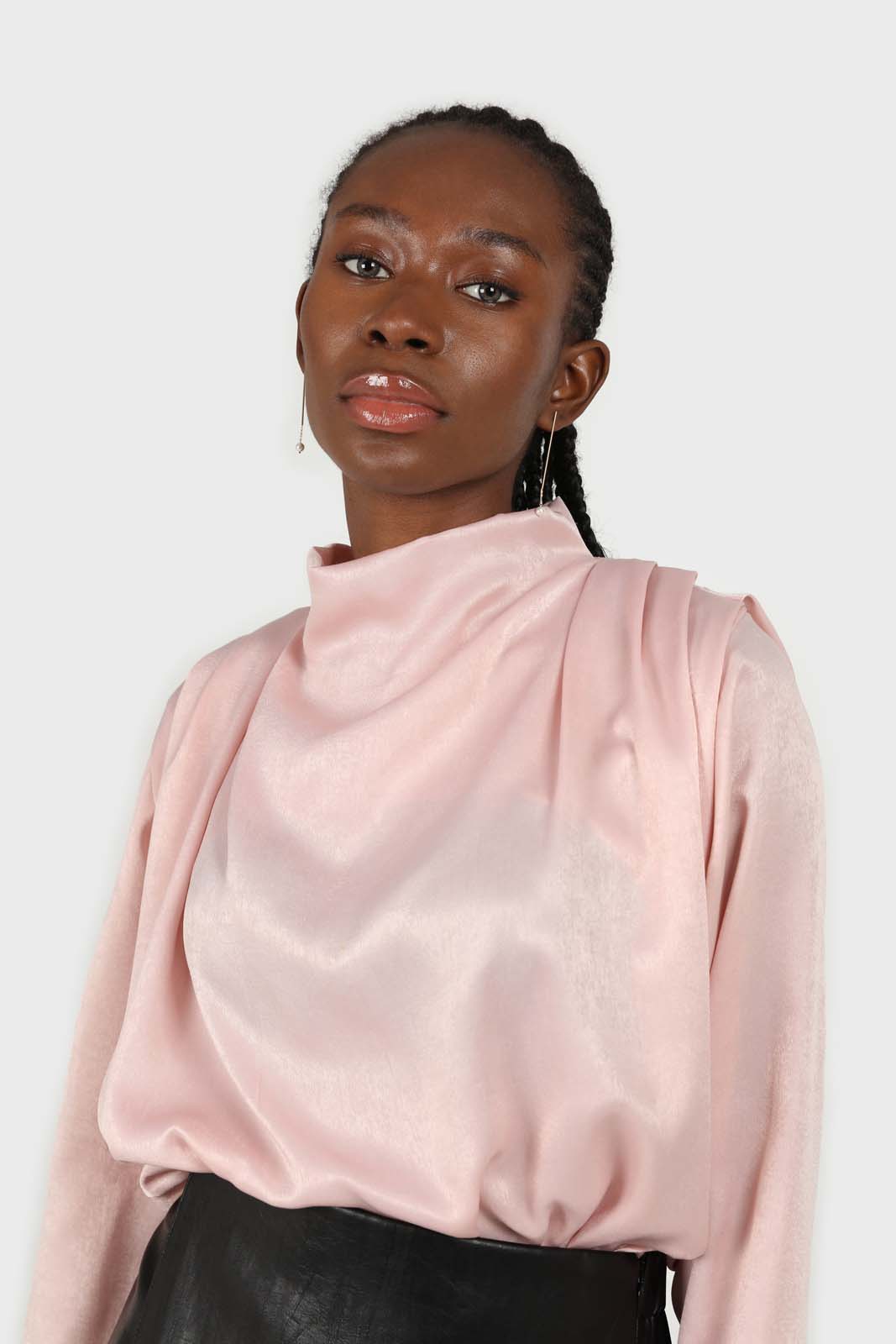 Pink wide shoulder drape detail high neck blouse_1