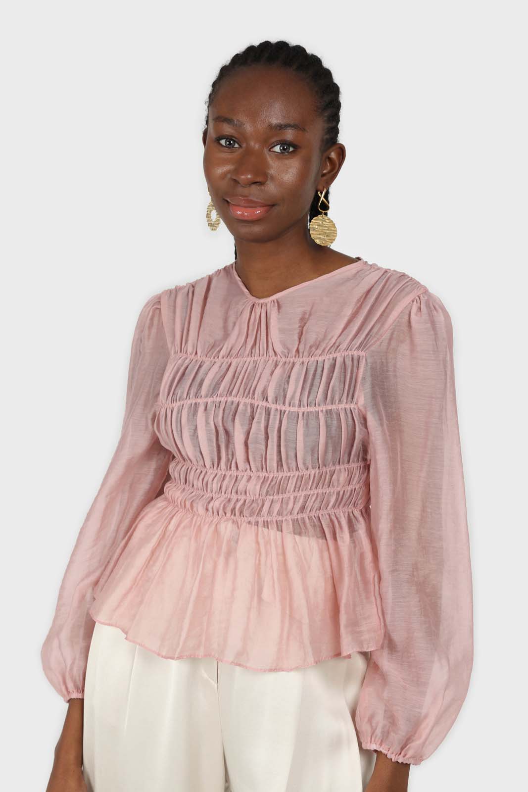 Pink silky ruched long sleeved blouse_4