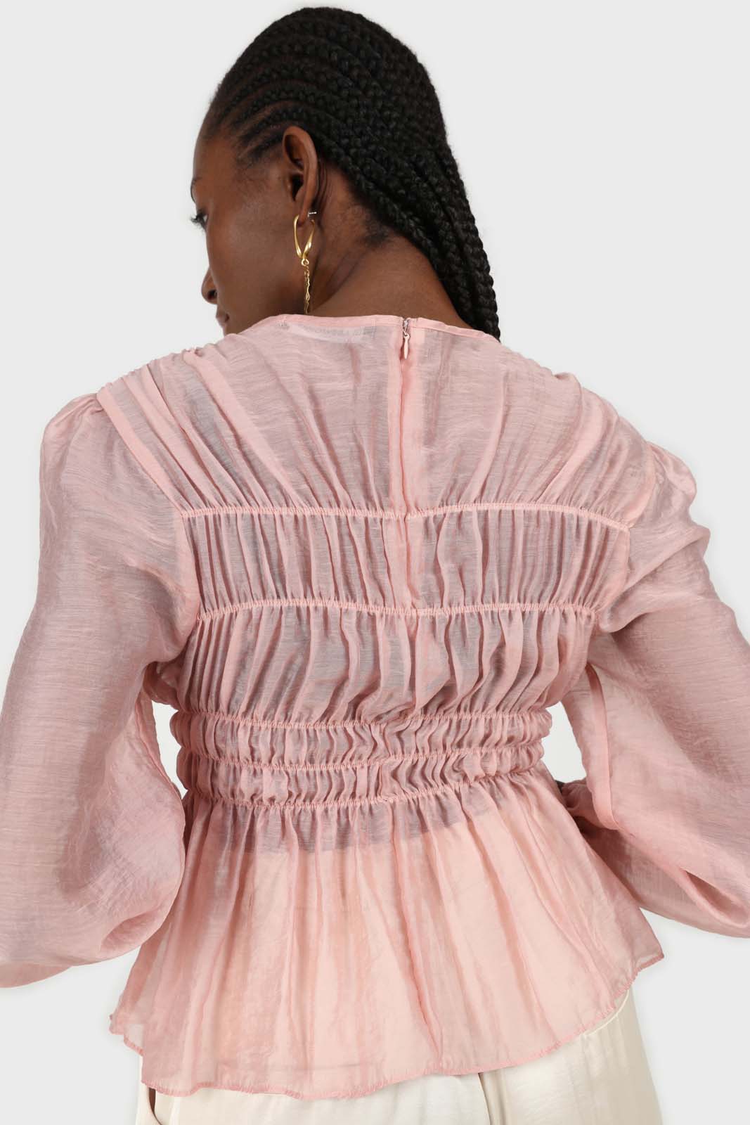 Pink silky ruched long sleeved blouse_2