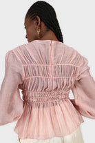 Pink silky ruched long sleeved blouse_2