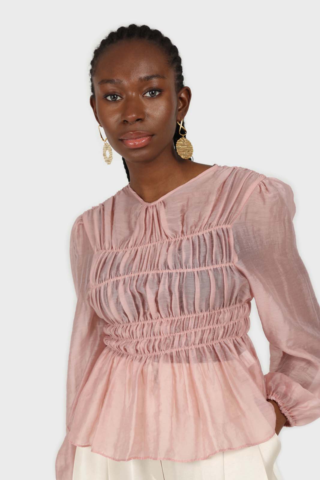 Pink silky ruched long sleeved blouse_1