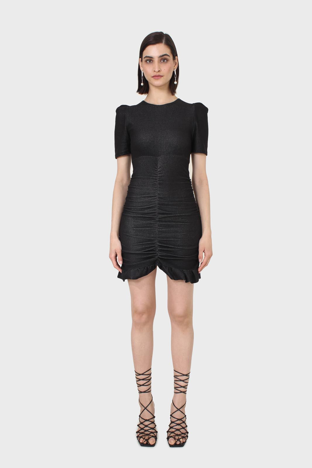 Black ruched short sleeved mini dress_1