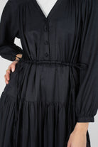 Black drawstring waist satin maxi dress_4