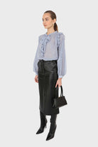 Light blue splatter print ruffled micropleat blouse_4