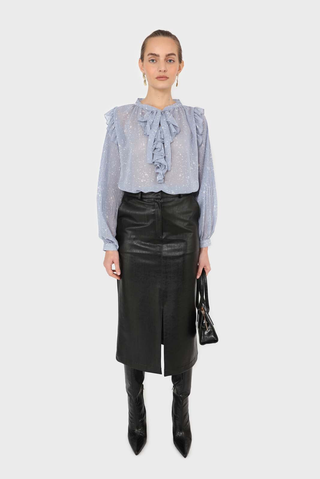 Light blue splatter print ruffled micropleat blouse_2