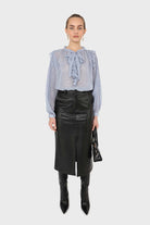 Light blue splatter print ruffled micropleat blouse_2