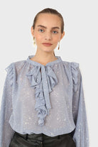Light blue splatter print ruffled micropleat blouse_5