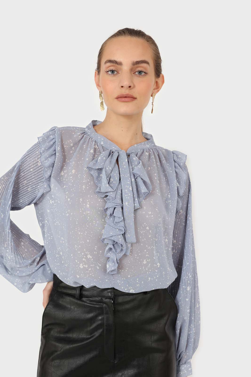 Light blue splatter print ruffled micropleat blouse_6