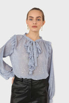 Light blue splatter print ruffled micropleat blouse_6