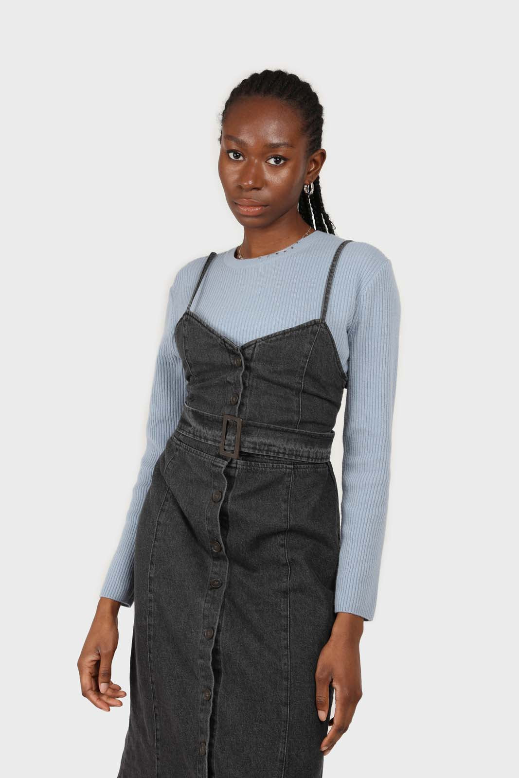 Washed black denim button front maxi dress_3