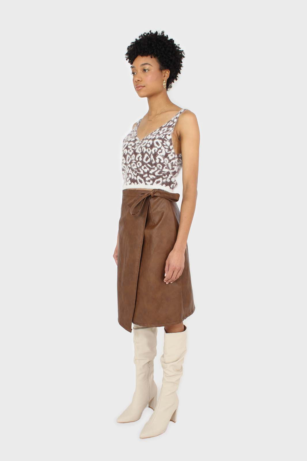 Brown vegan leather wrap midi skirt_6
