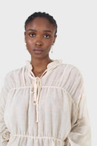 Beige sheer frill cuff tiered blouse_5