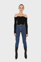 Black off shoulder ruched front ribbed top_2