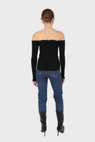 Black off shoulder ruched front ribbed top_4