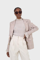 Beige shirring neck sheer tiered blouse_3