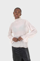 Beige shirring neck sheer tiered blouse_7