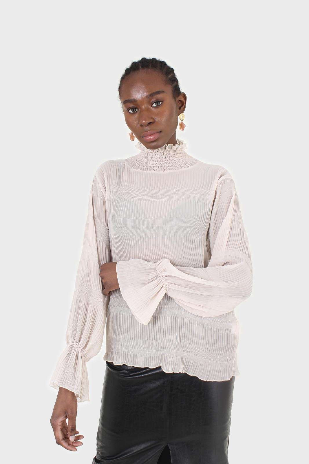 Beige shirring neck sheer tiered blouse_1