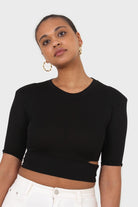 Black side slit padded shoulder tee_1