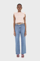 Ivory and bright orange floral print ruched tank_7