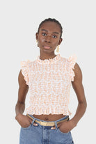 Ivory and bright orange floral print ruched tank_6