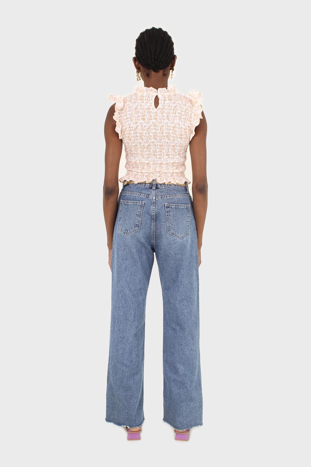 Ivory and bright orange floral print ruched tank_9