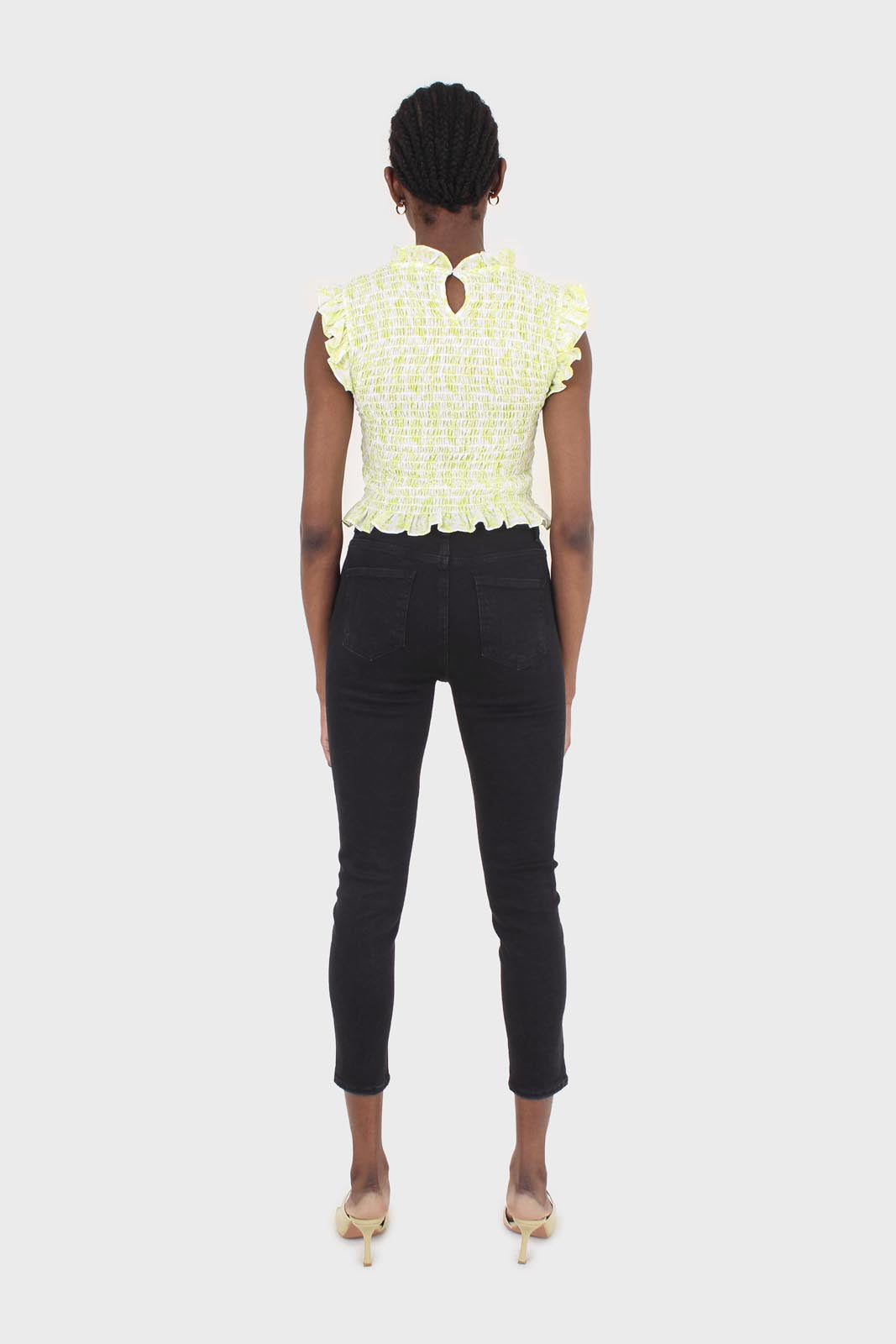 Ivory and bright green floral print ruched tank_10