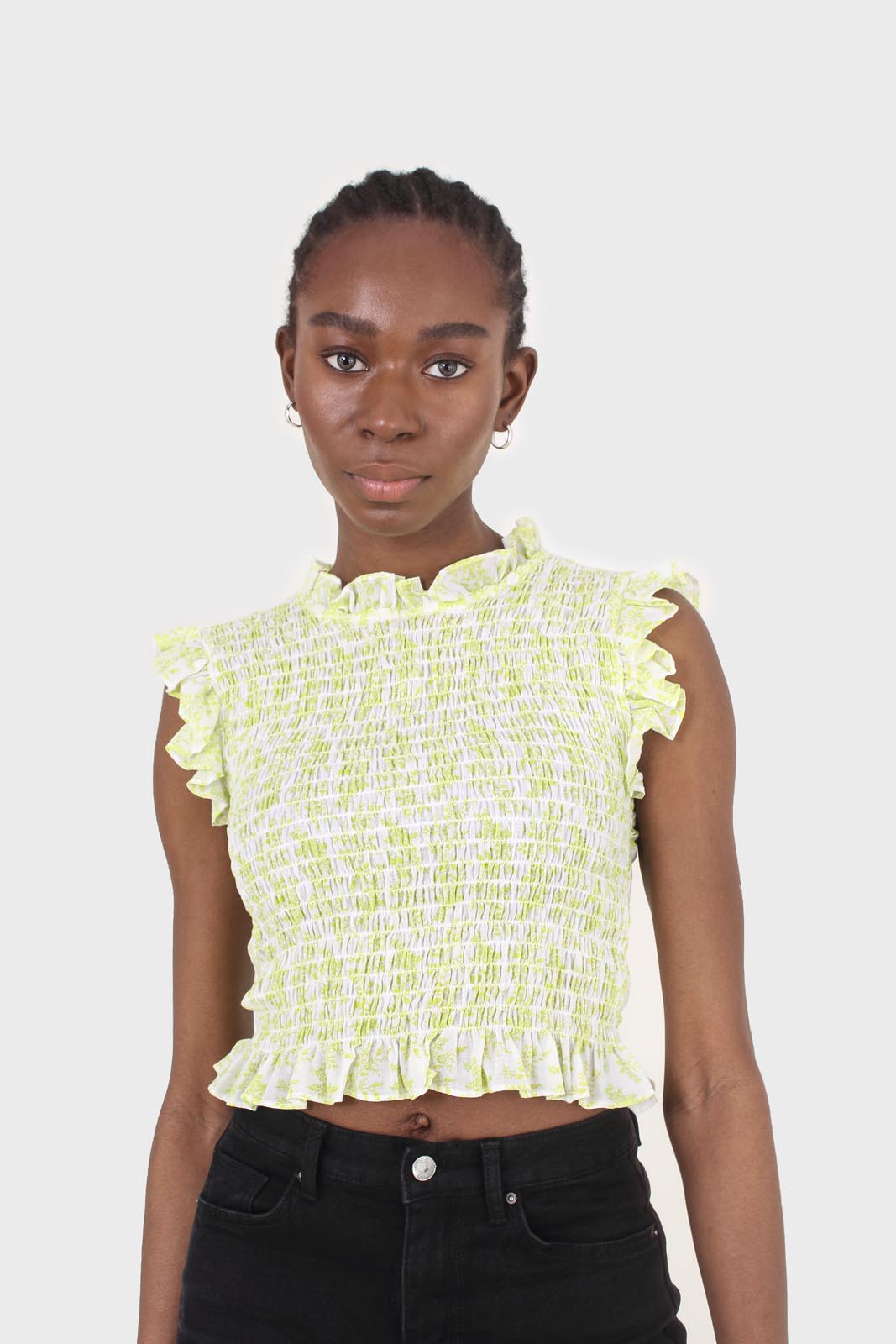 Ivory and bright green floral print ruched tank_6