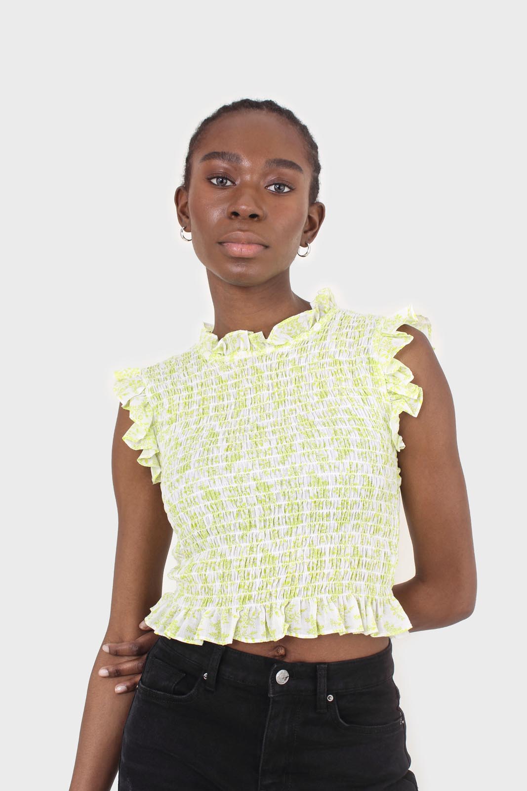Ivory and bright green floral print ruched tank_1