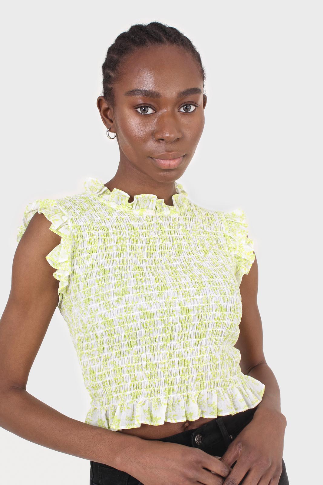 Ivory and bright green floral print ruched tank_7