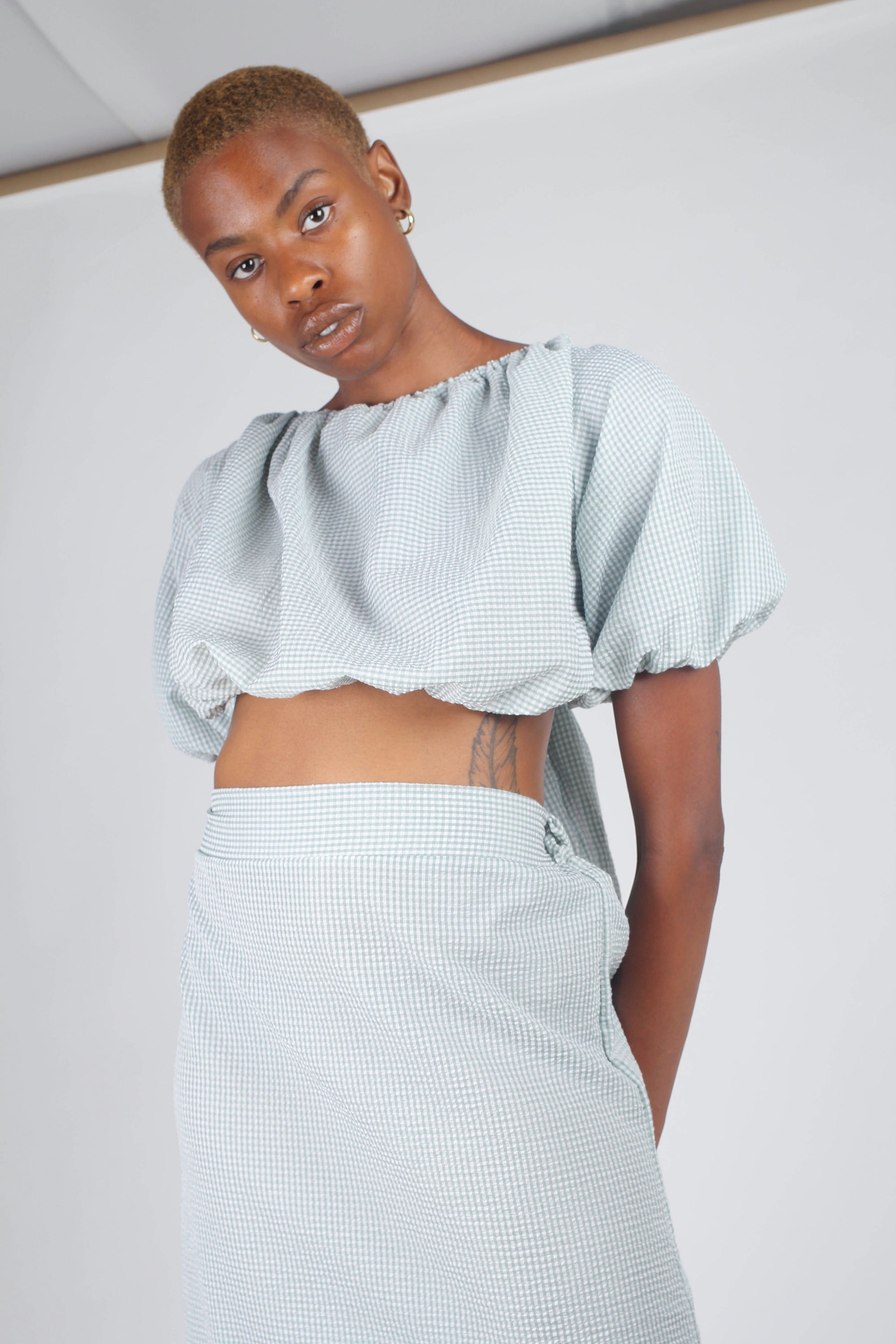 Khaki gingham off shoulder wrap top - set_9