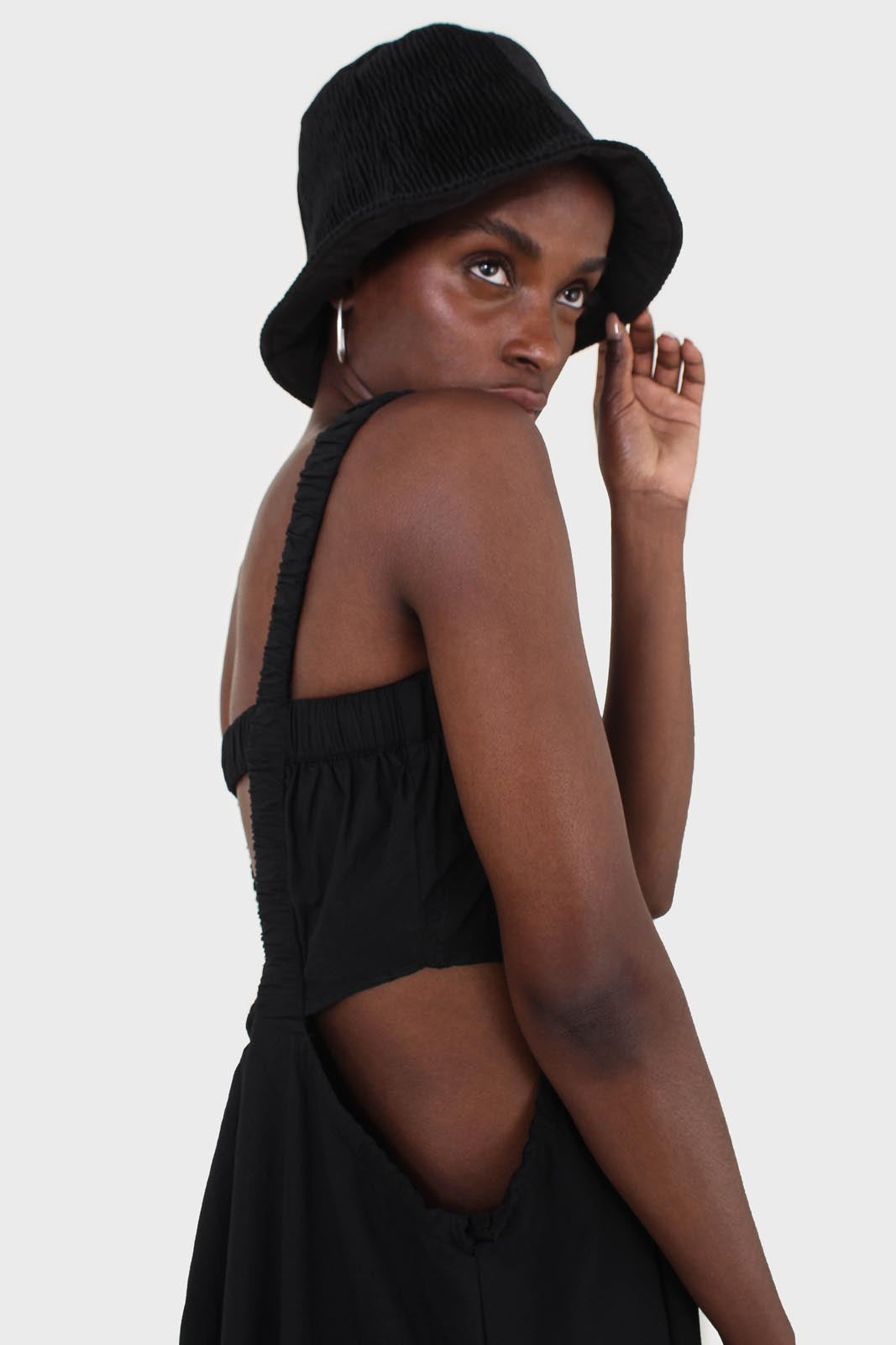 Black open back ruched strap maxi dress_5