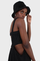 Black open back ruched strap maxi dress_5