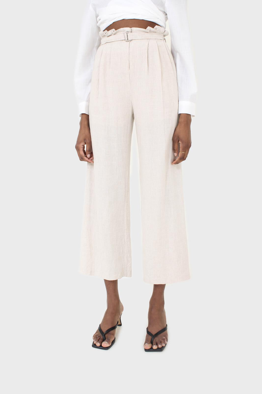 Oatmeal linen belted loose fit trousers_1
