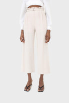 Oatmeal linen belted loose fit trousers_1