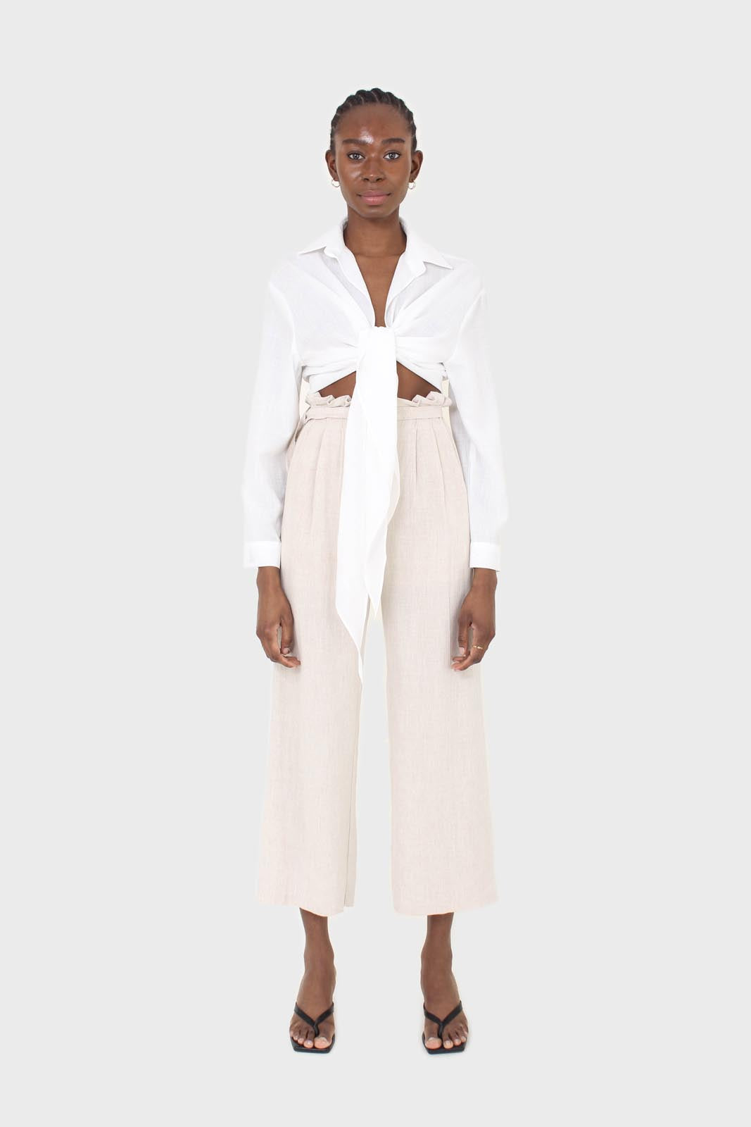 Oatmeal linen belted loose fit trousers_3