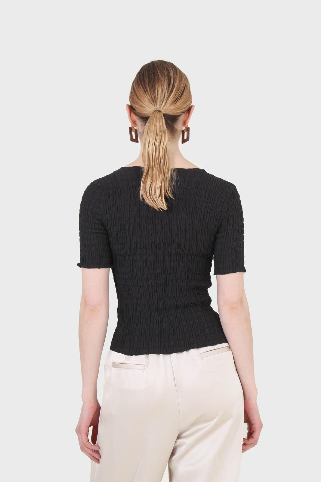 Black smocked fitted short sleeved top_2