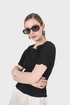 Black smocked fitted short sleeved top_6