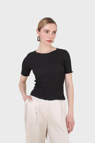 Black smocked fitted short sleeved top_1