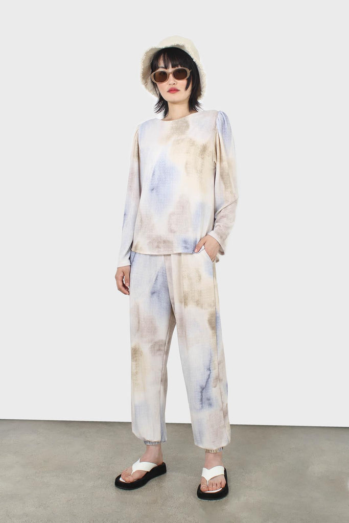 Beige and blue tie dye loose fit trousers_2