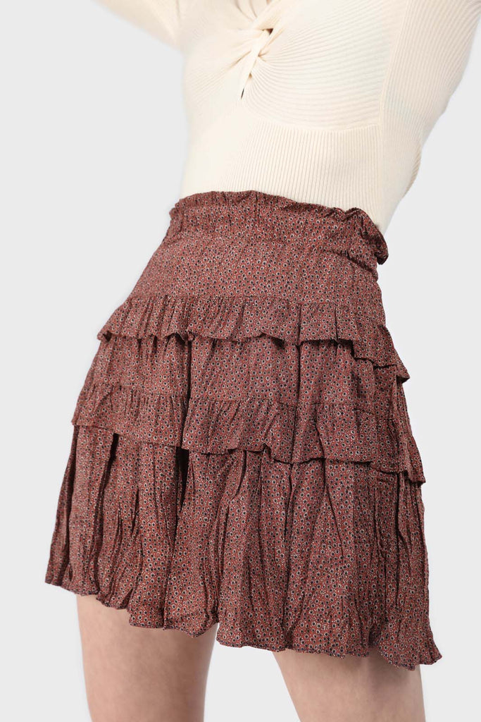 Red and brown printed layered tier mini skirt_1