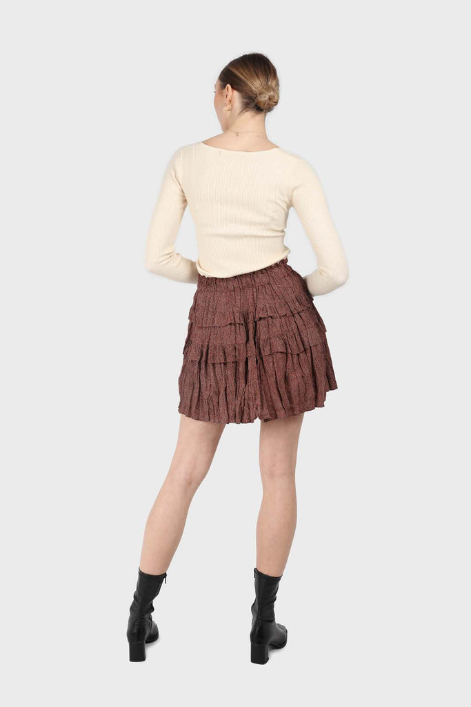 Red and brown printed layered tier mini skirt_3