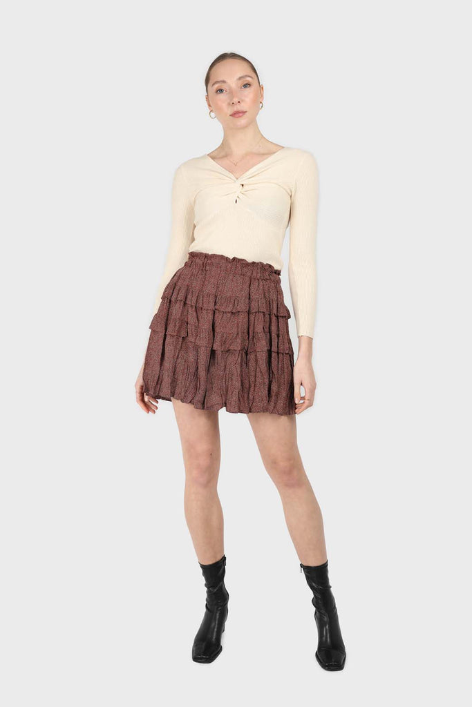 Red and brown printed layered tier mini skirt_2
