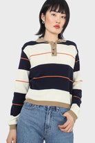 Navy and ivory thick multistriped polo knit top_6