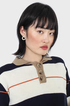 Navy and ivory thick multistriped polo knit top_4