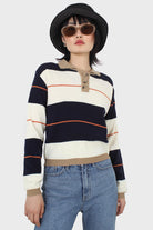 Navy and ivory thick multistriped polo knit top_1