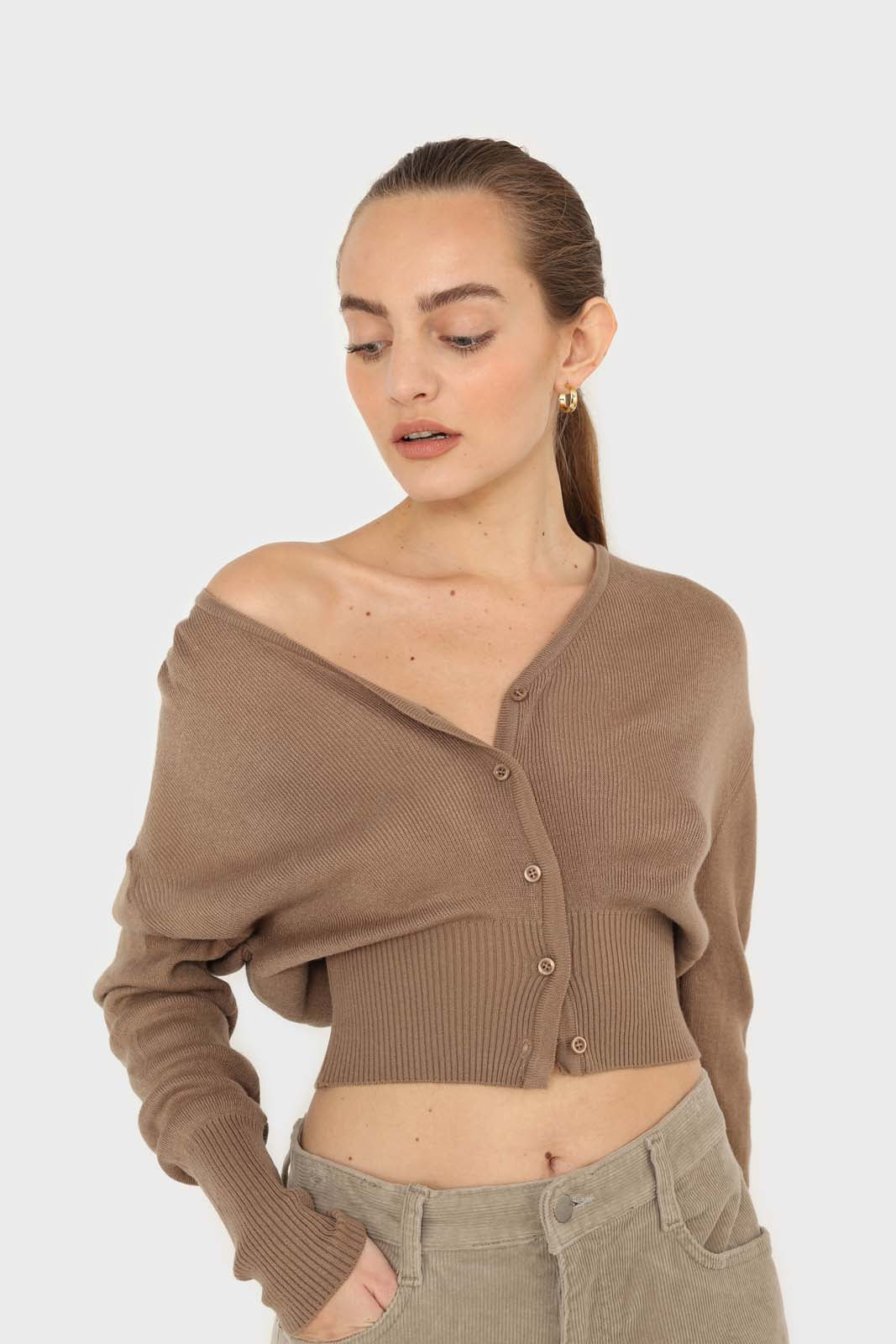 Cocoa brown V-neck cropped cardigan_7